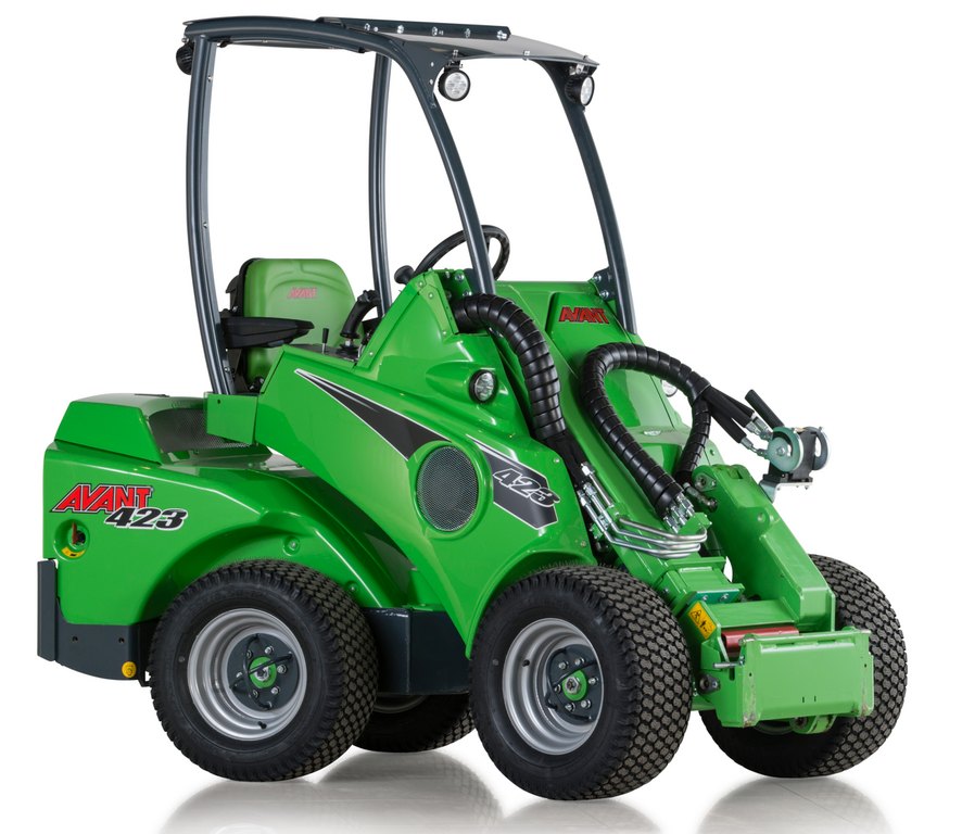 Green Avant 423 Multi-Functional Loader front right view stock image with white background and dropshadow
