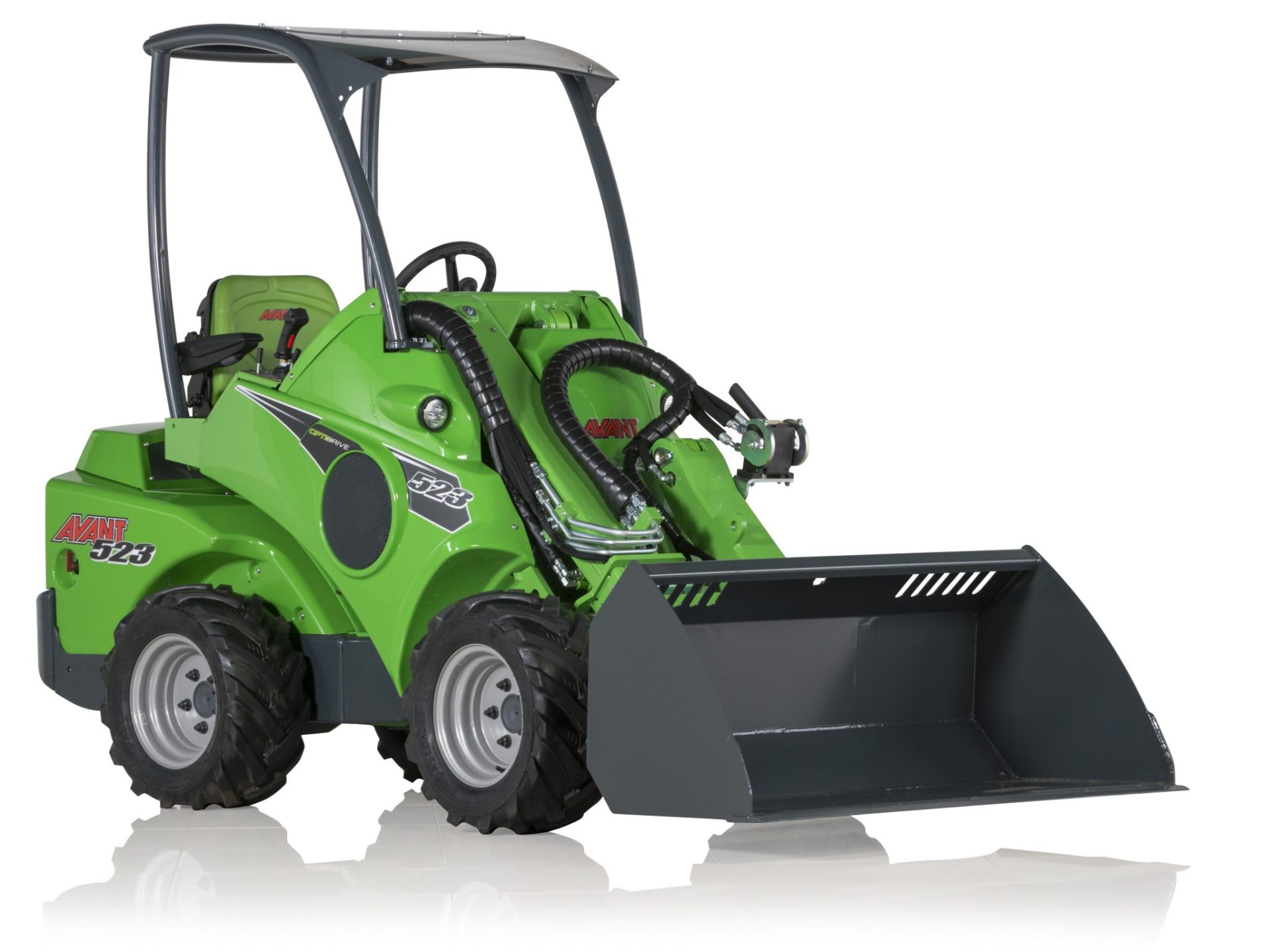 Green Avant 523 Multi-Functional Loader front right view stock image on white background with drop shadow