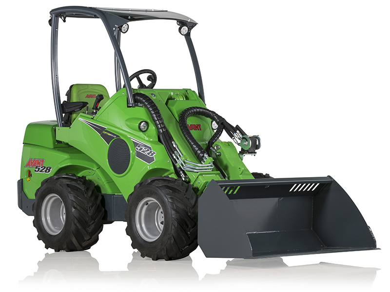 Green Avant 528 Multi-Functional Loader front right view on white background with dropshadow